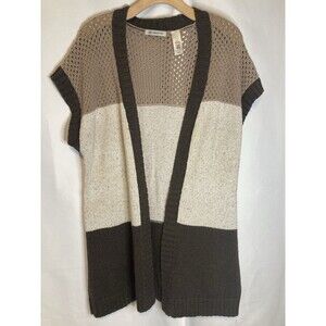 Liz Claiborne Cardigan M Knit Sweater Sleeveless Beige Brown Color Block 90’s